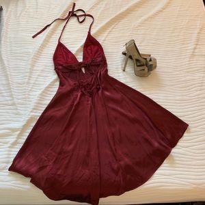 SALE Maroon Satin deep V open back sexy dress